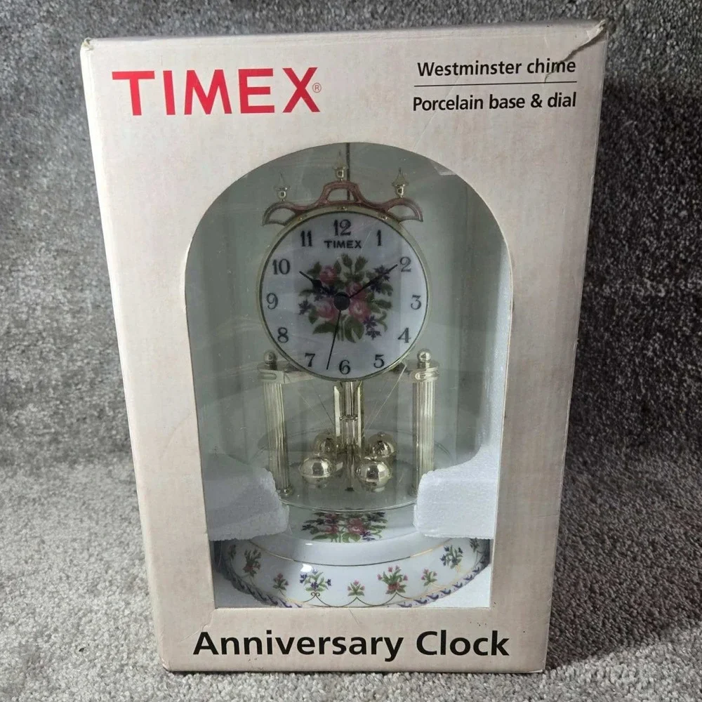Timex Anniversary Clock White Floral Porcelain Glass Dome Westminster Chime